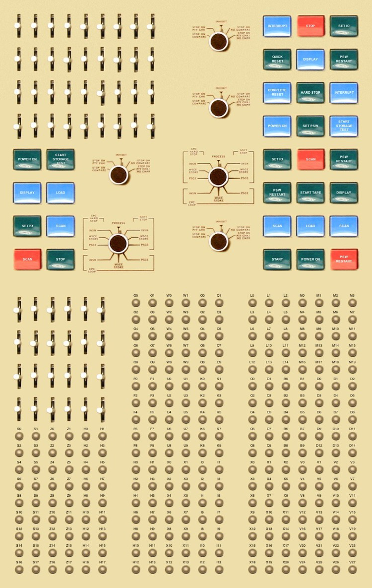 Computer generated grid of buttons, lights, levers, and knobs from an early computing device from the 1960s
