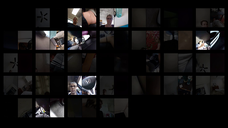 A calendar grid of smartphone video taken simultaneously from the front and back camera of a user's phone for thirty one days in phonelovesyoutoo: database
